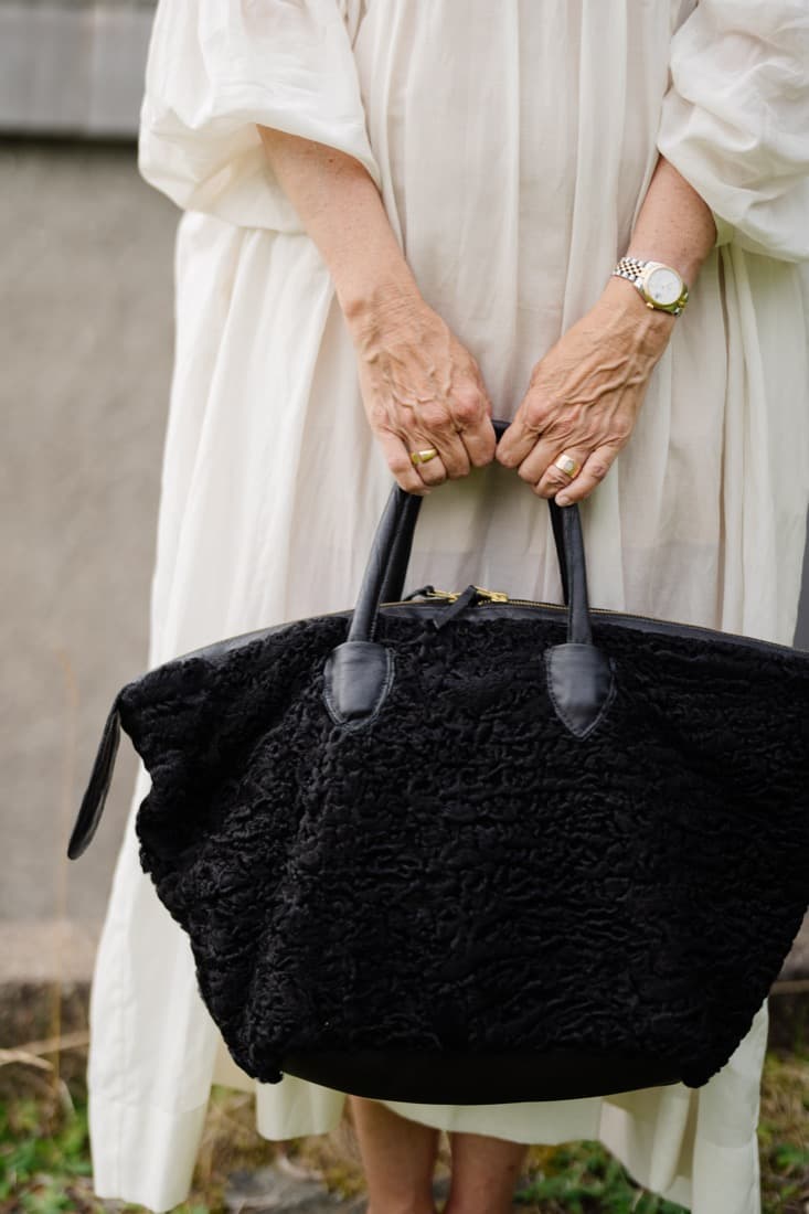 Handmade black astrakhan curly sheep-fur tote bag with black leather handles