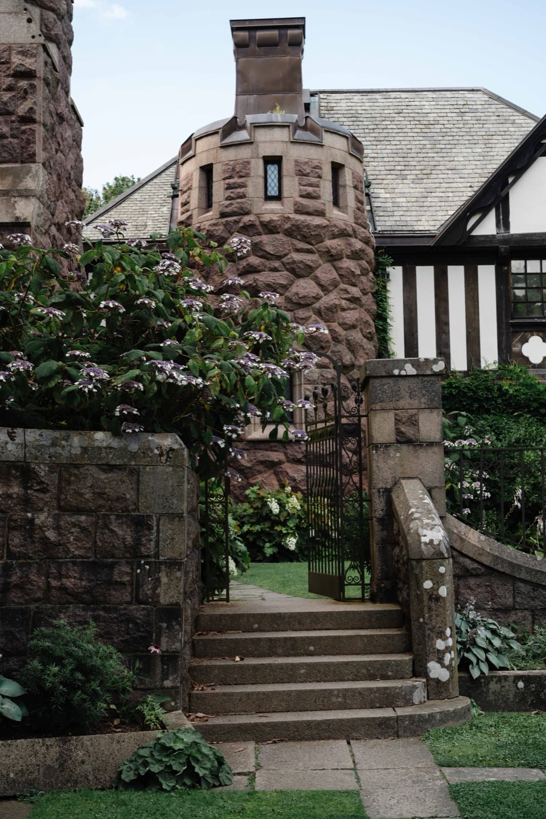 Granite tower and stone steps at the entrance courtyard of Tjolöholm Castle